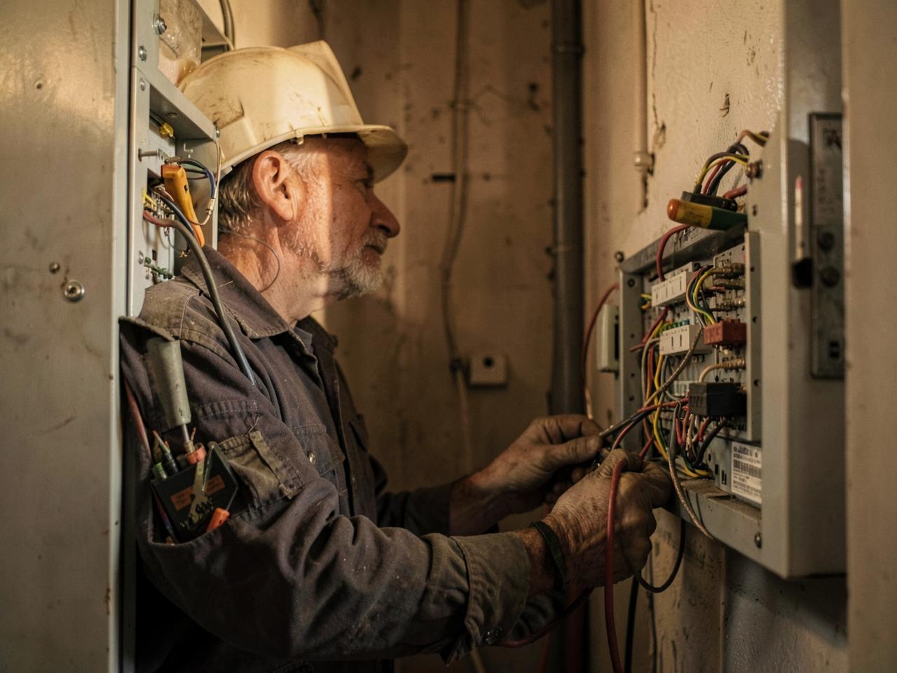Experienced electrician at work in a real home